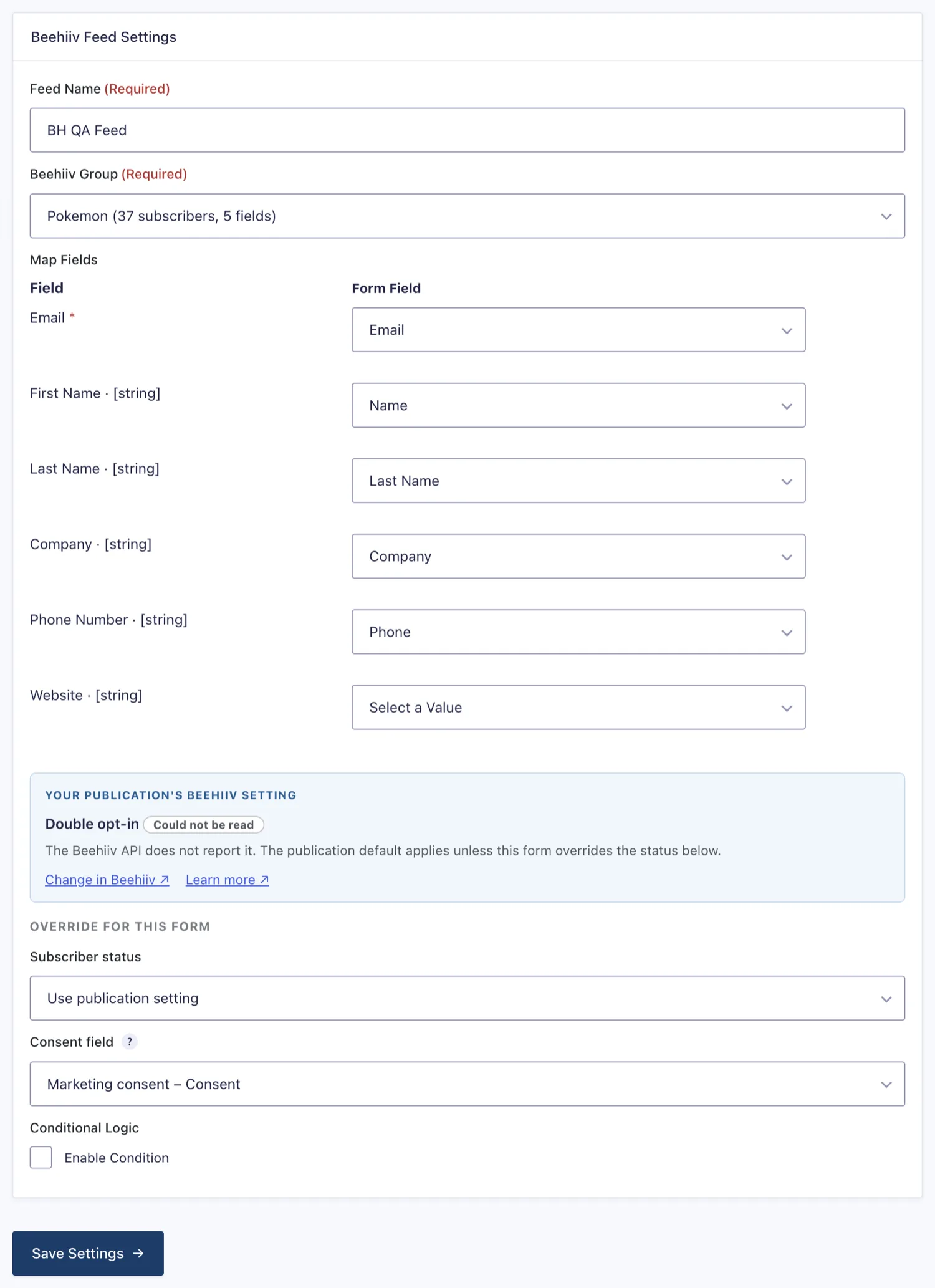 A configured feed: publication, field mappings, and the status override.