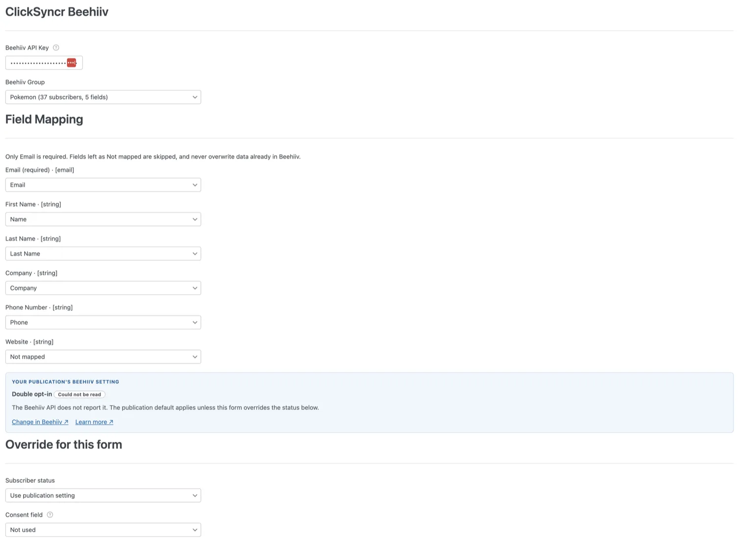 The ClickSyncr Beehiiv section in the WPForms builder settings.