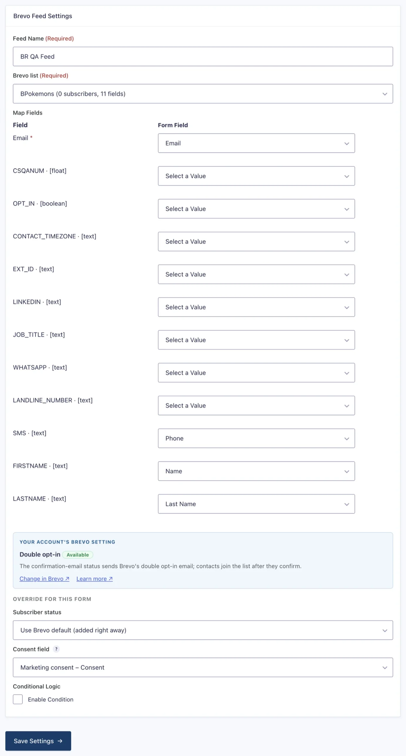 A configured feed: list, field mappings, and the status override.