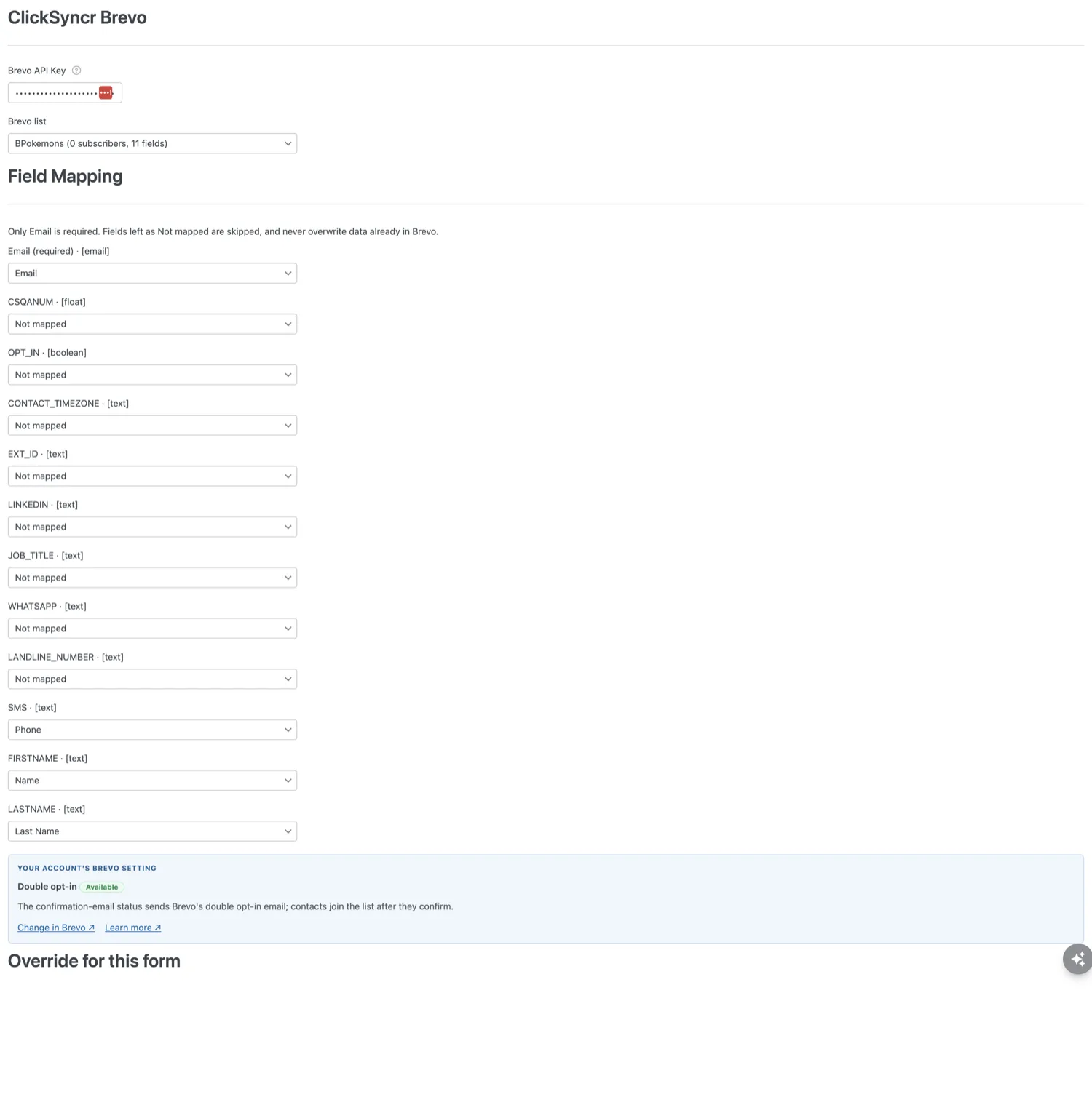 The ClickSyncr Brevo section in the WPForms builder settings.