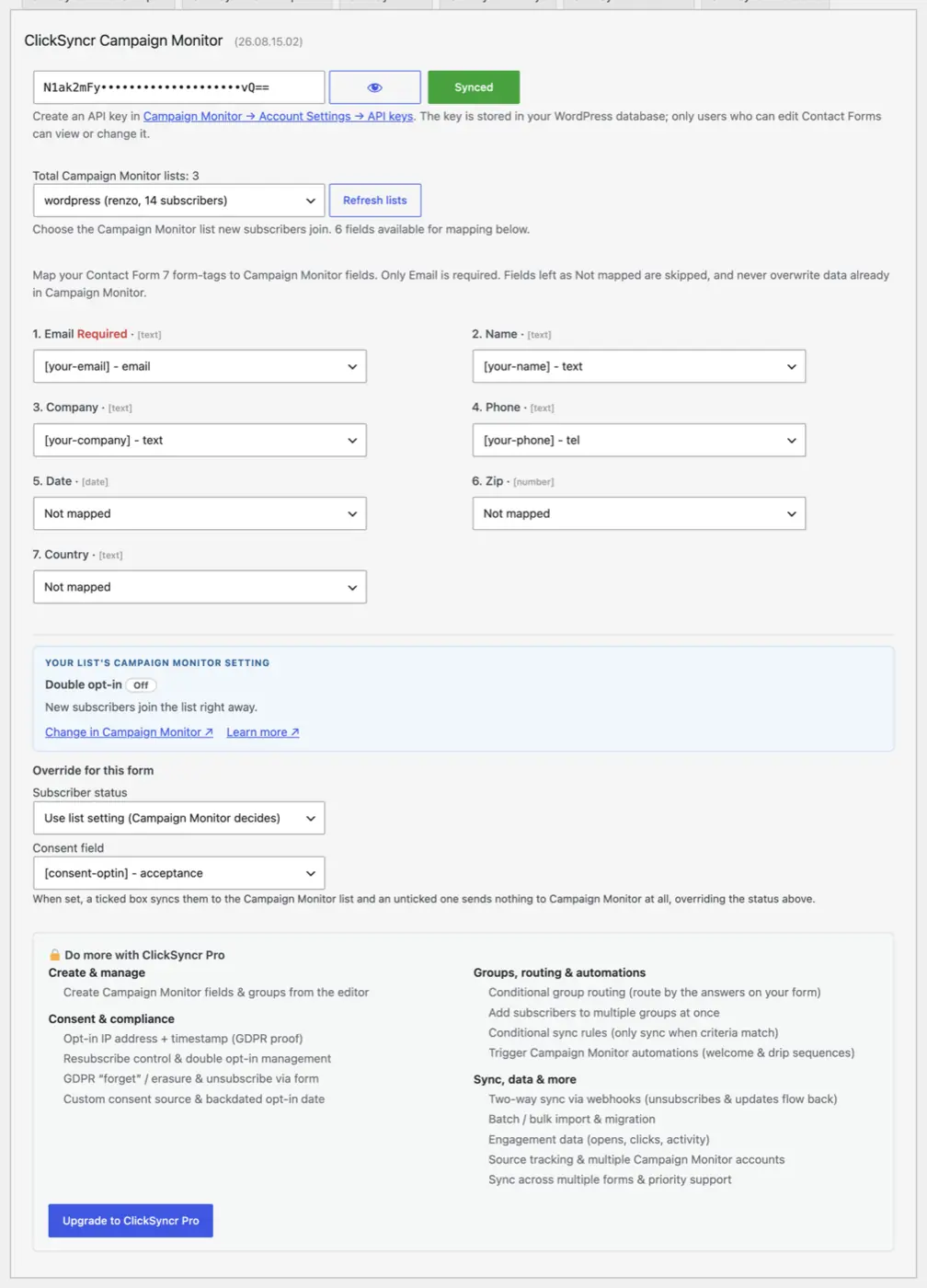 The ClickSyncr Campaign Monitor panel: key connected, list selected with its client and size, fields mapped, status and consent control.