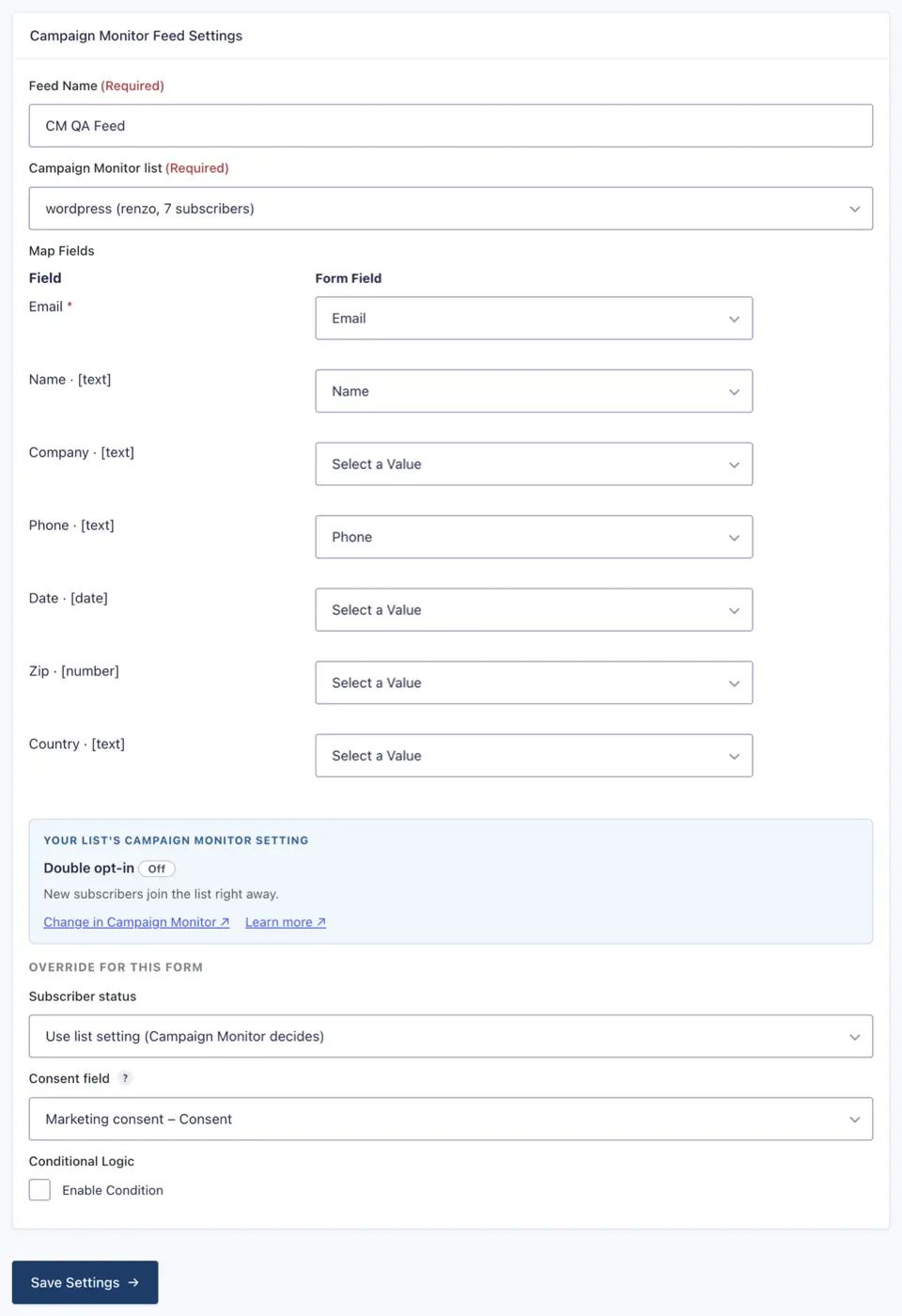 A configured feed: list, field mappings, and the status override.