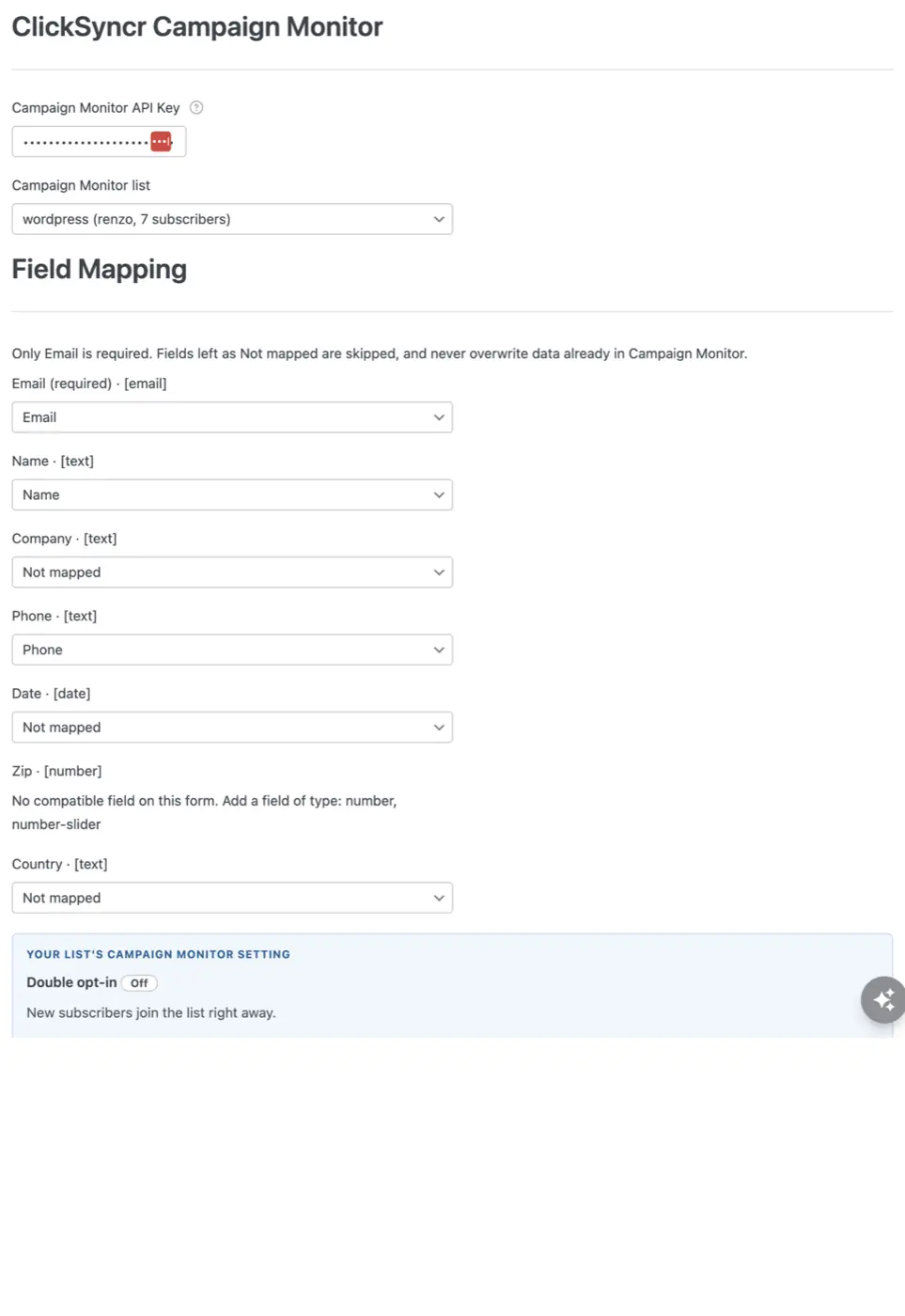 The ClickSyncr Campaign Monitor section in the WPForms builder settings.