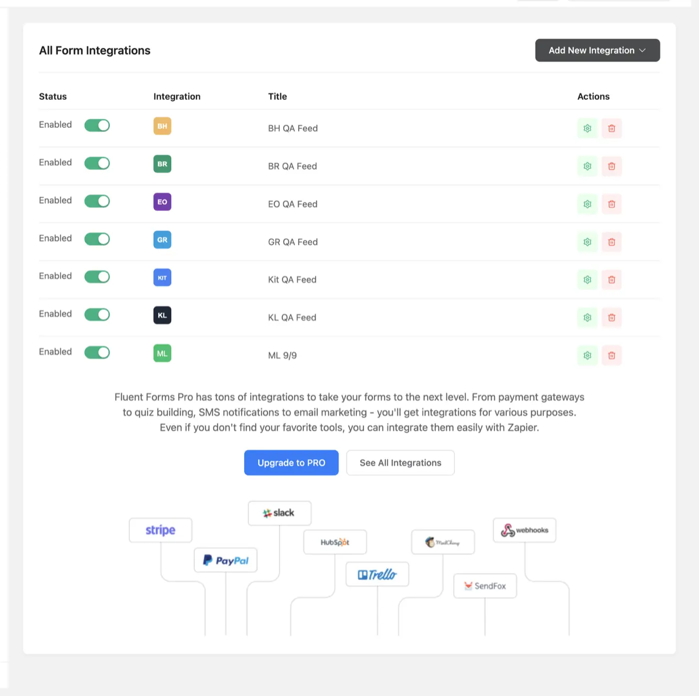 The form's integration feeds with the EmailOctopus QA feed enabled.