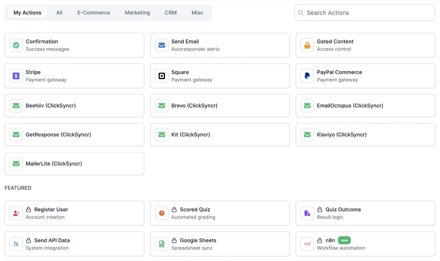 The Formidable Forms email marketing integration by ClickSyncr: adding the ClickSyncr action from Formidable's Actions & Notifications picker, syncing to EmailOctopus.
