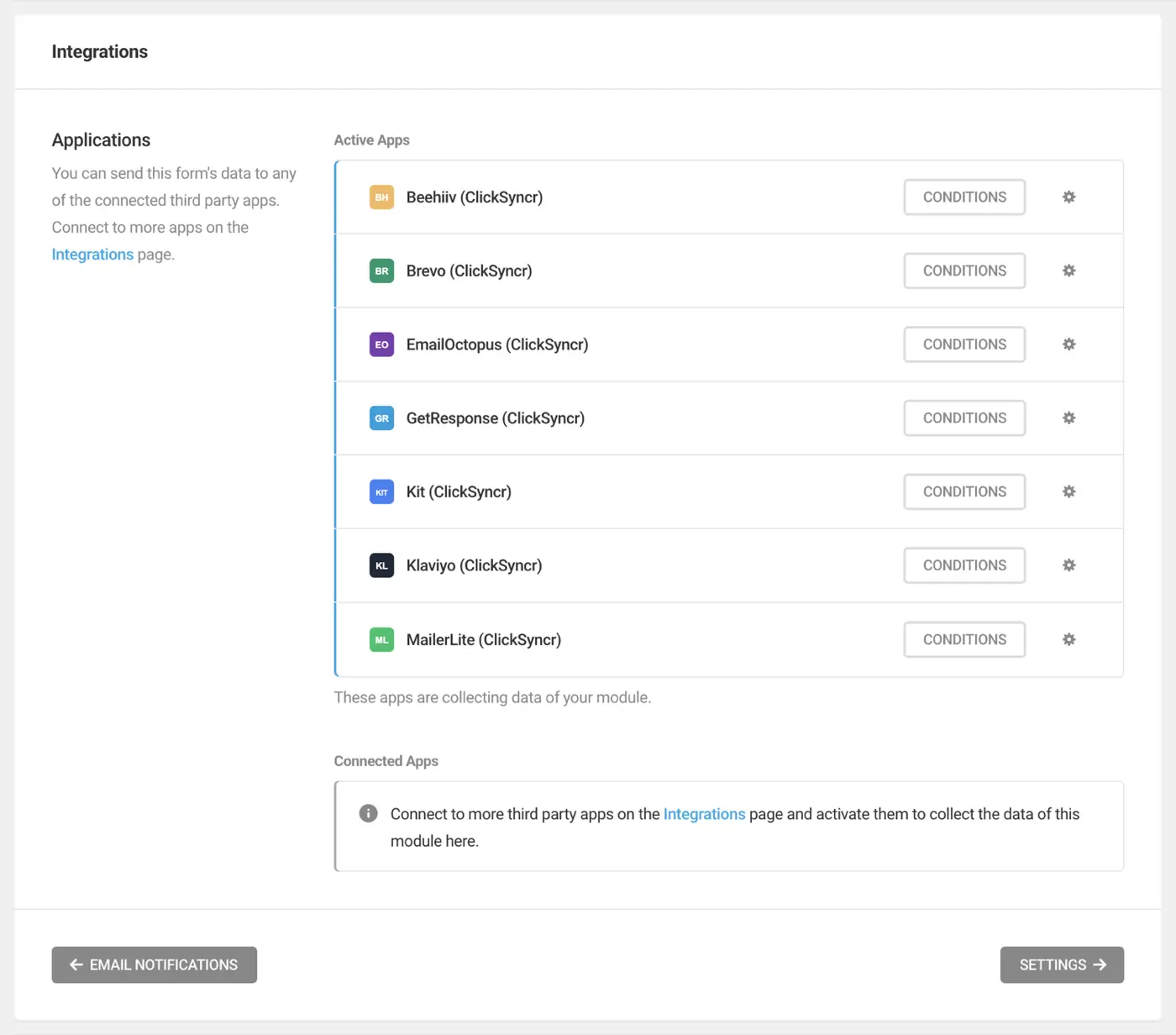 The form's Integrations tab with EmailOctopus (ClickSyncr) active.