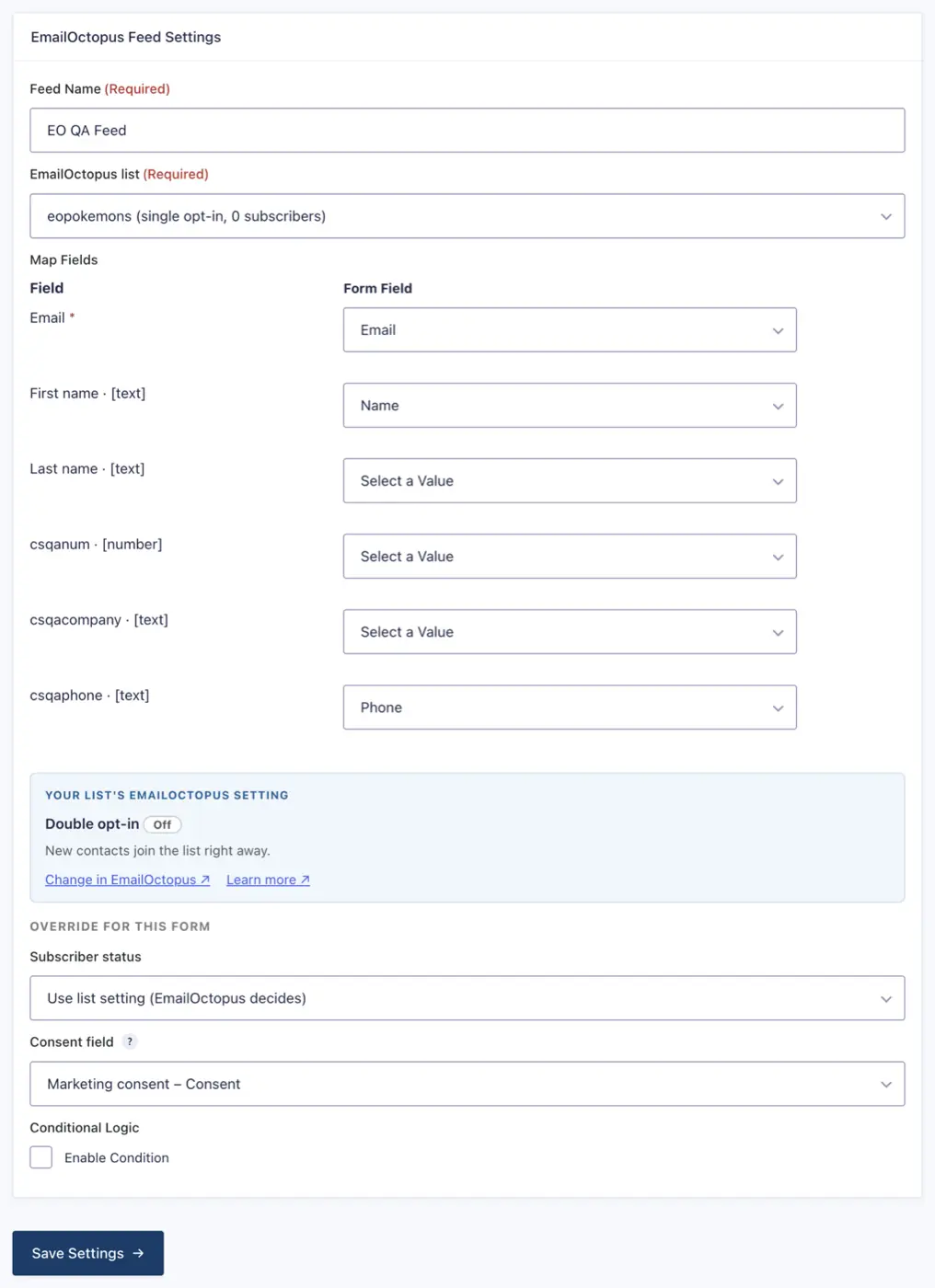 A configured feed: list, field mappings, and the status override.