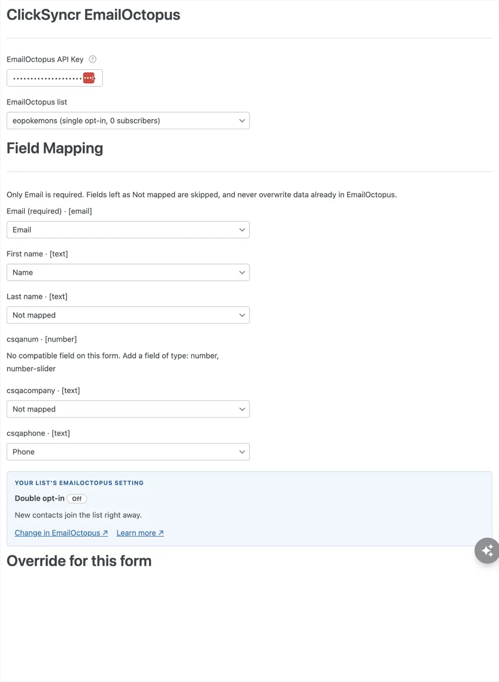 The ClickSyncr EmailOctopus section in the WPForms builder settings.