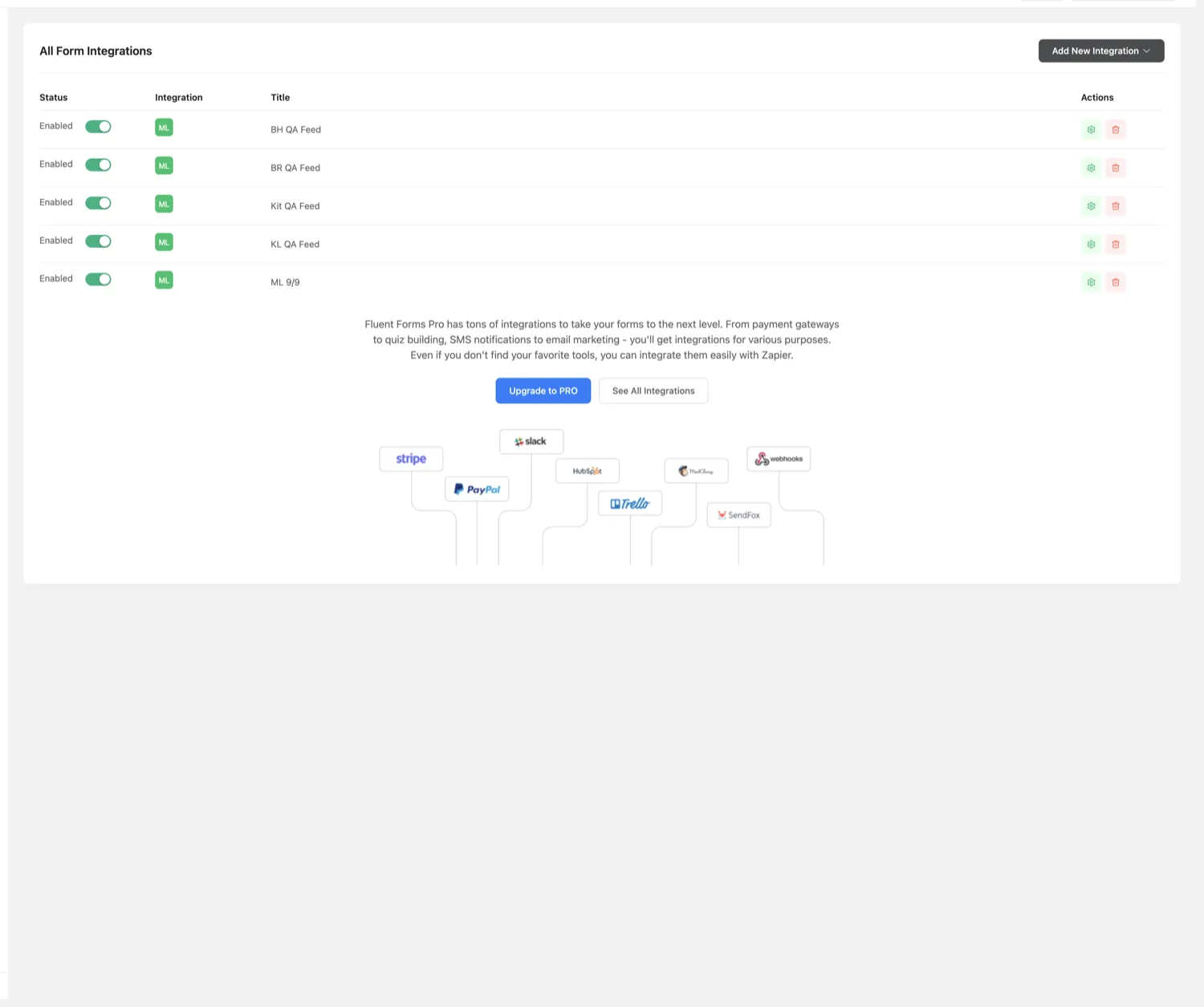 The form's integration feeds with the Kit QA feed enabled.