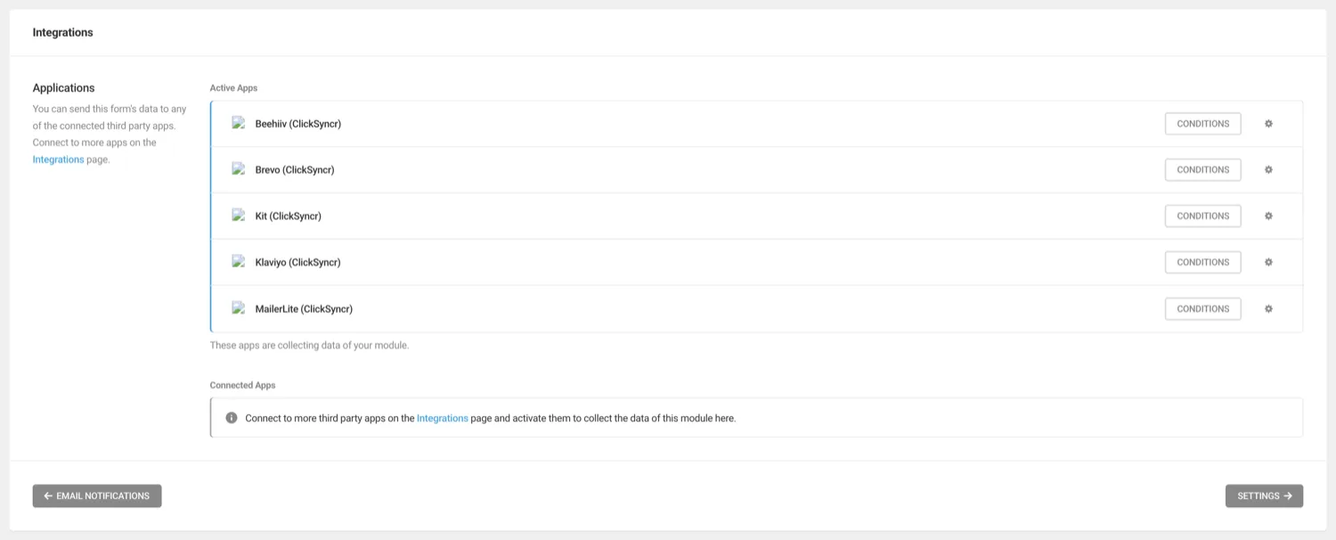 The form's Integrations tab with Kit (ClickSyncr) active.