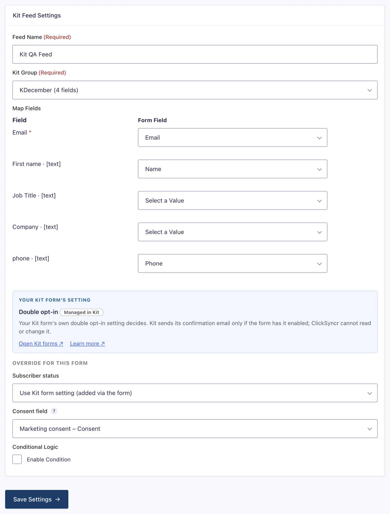 A configured feed: Kit form, field mappings, and the status override.