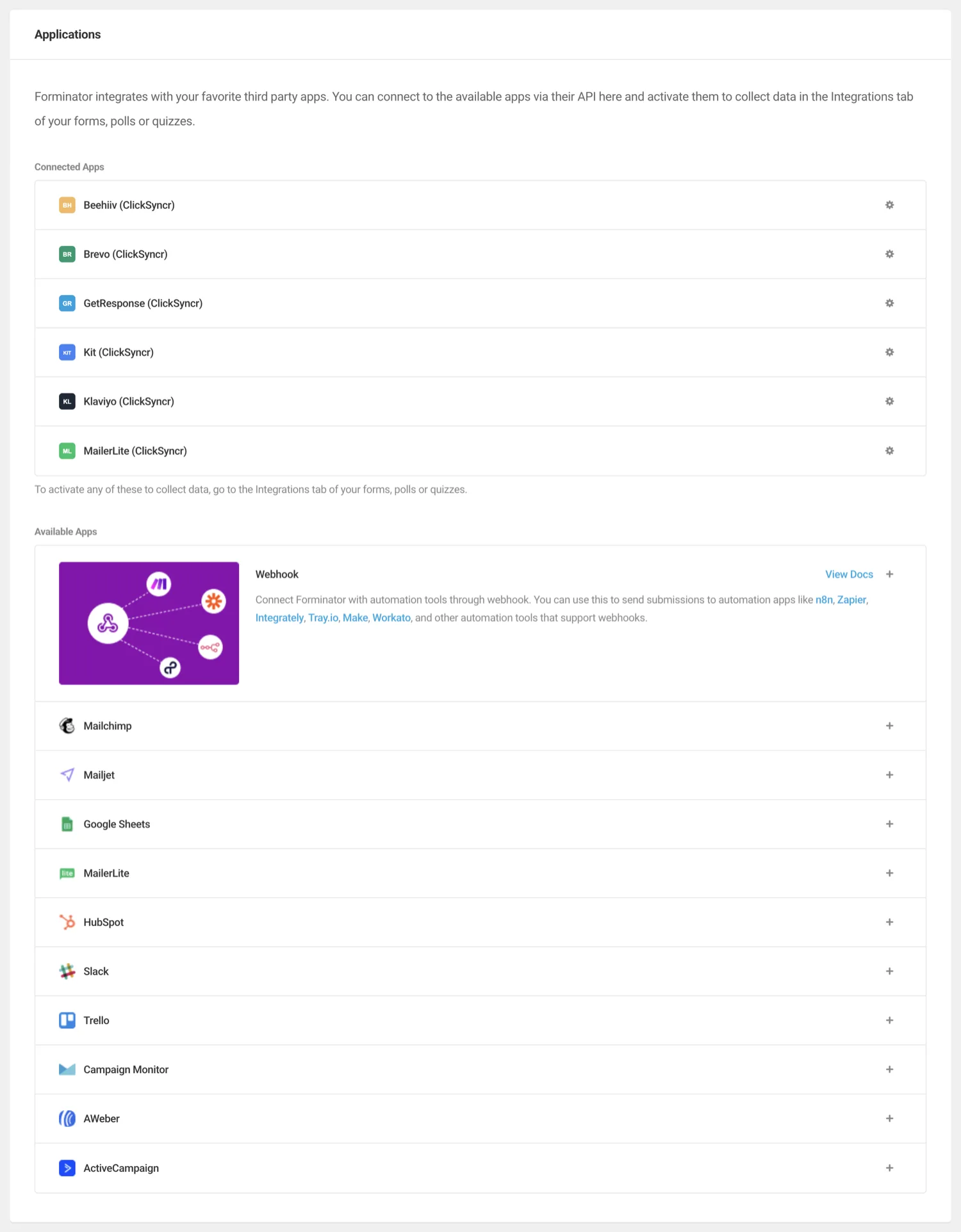 The Forminator Integrations hub with Klaviyo (ClickSyncr) under Connected Apps.
