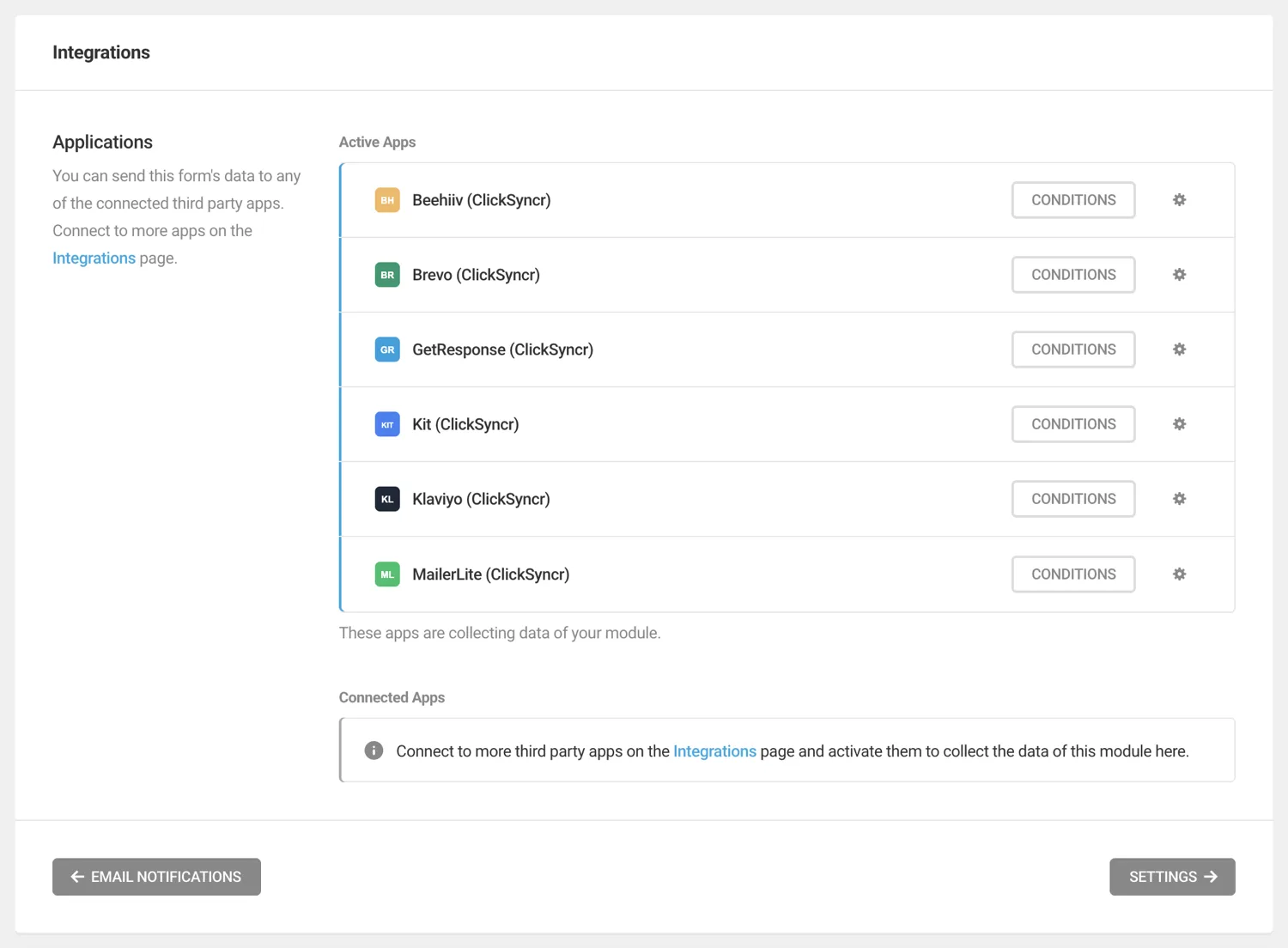 The form's Integrations tab with Klaviyo (ClickSyncr) active.