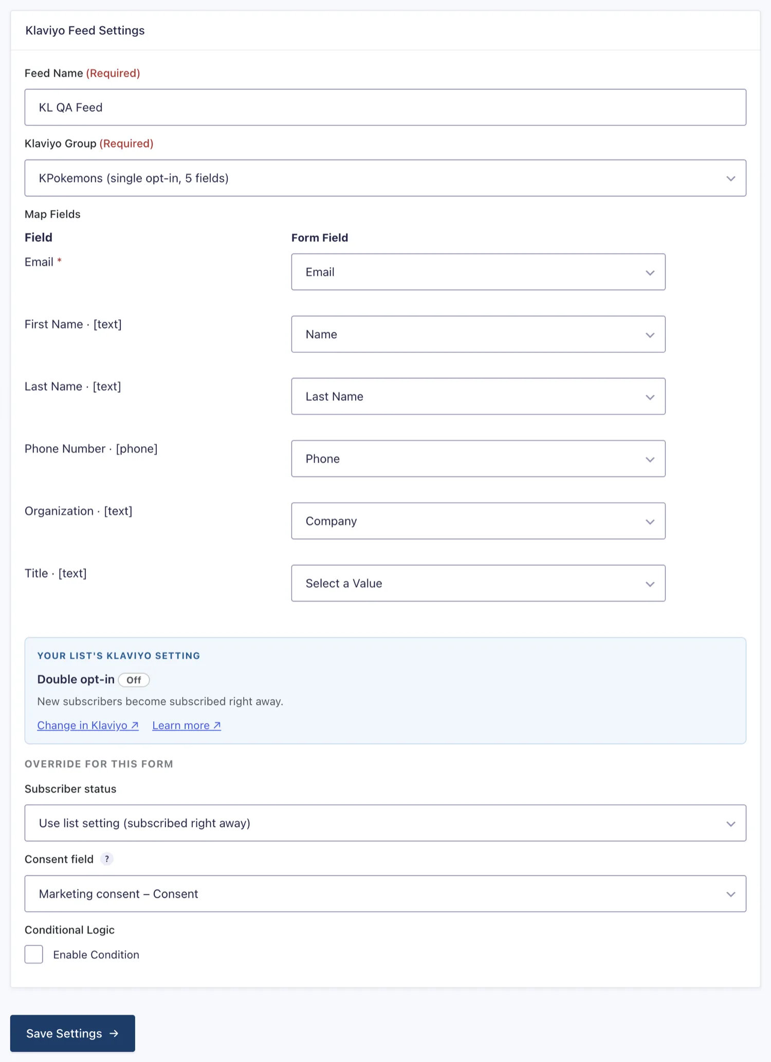 A configured feed: list, field mappings, and the status override.