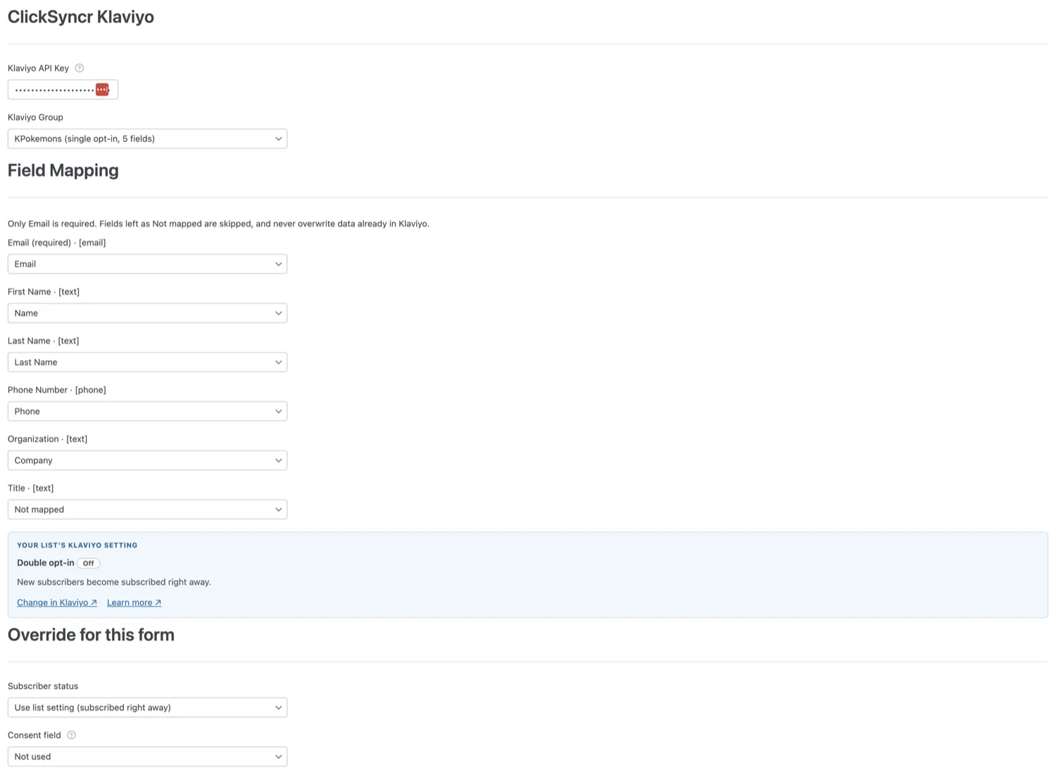 The ClickSyncr Klaviyo section in the WPForms builder settings.