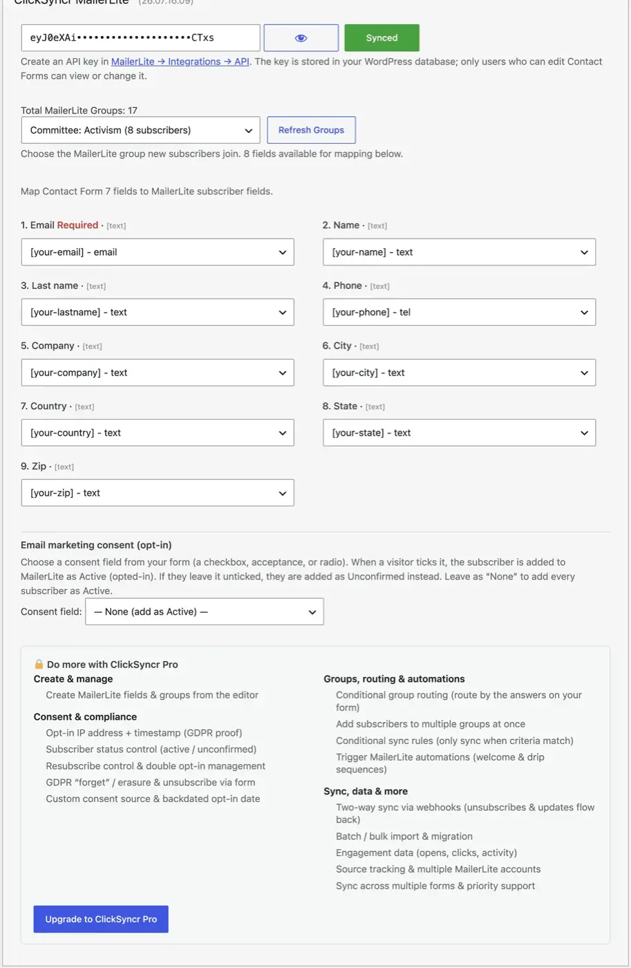 All nine MailerLite fields mapped to Contact Form 7 tags.