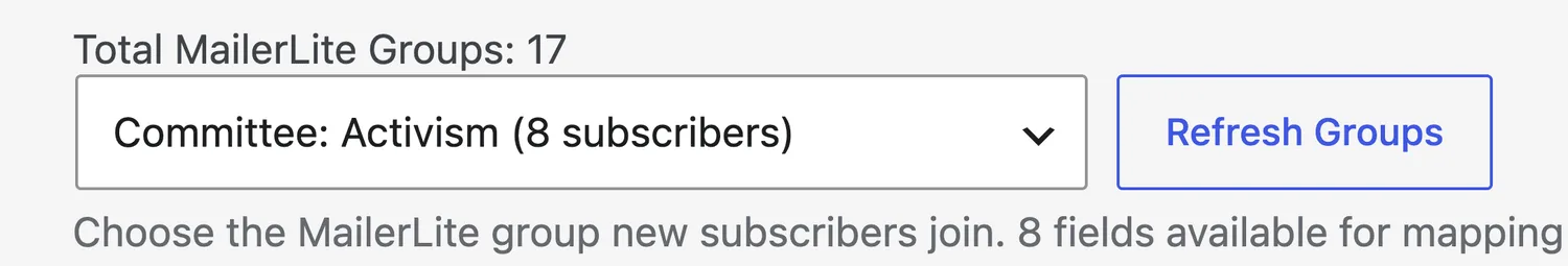 Group picker, showing live subscriber counts pulled from MailerLite.