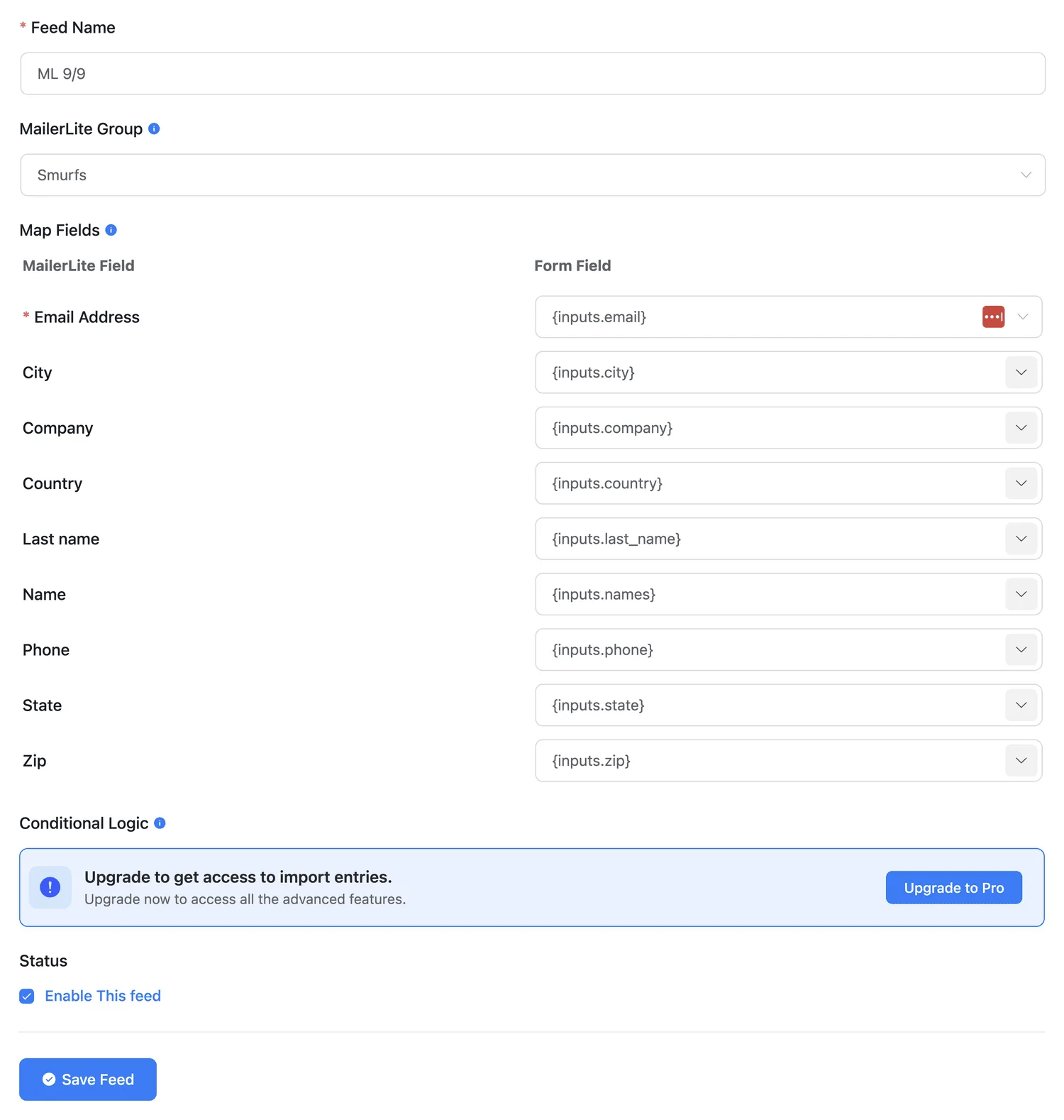 A complete feed: group selected and all nine MailerLite fields mapped.
