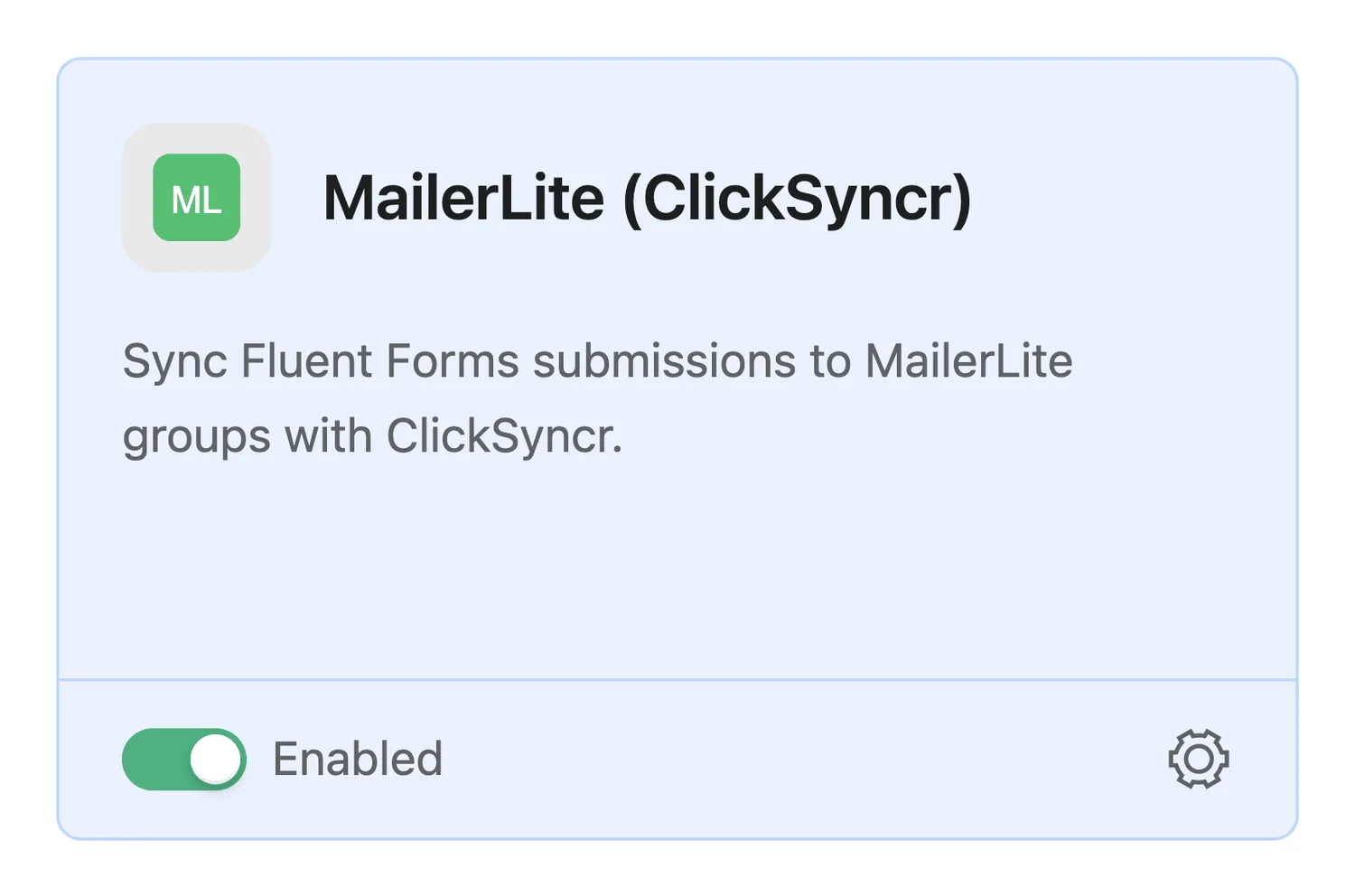 The MailerLite module card switched on. Nothing appears in forms until this is Enabled.