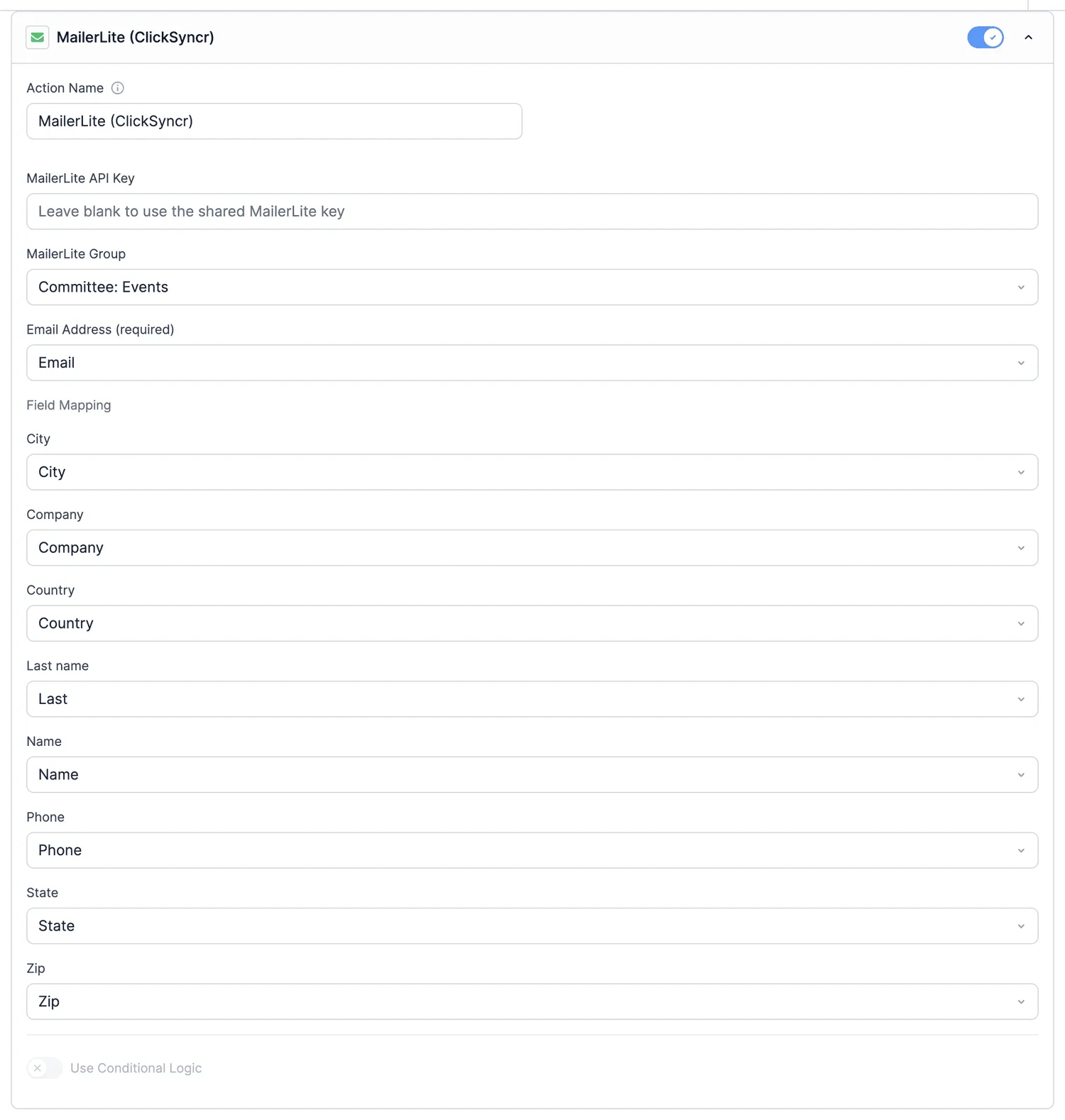 A configured MailerLite action: shared key, group, required email, and all field mappings.