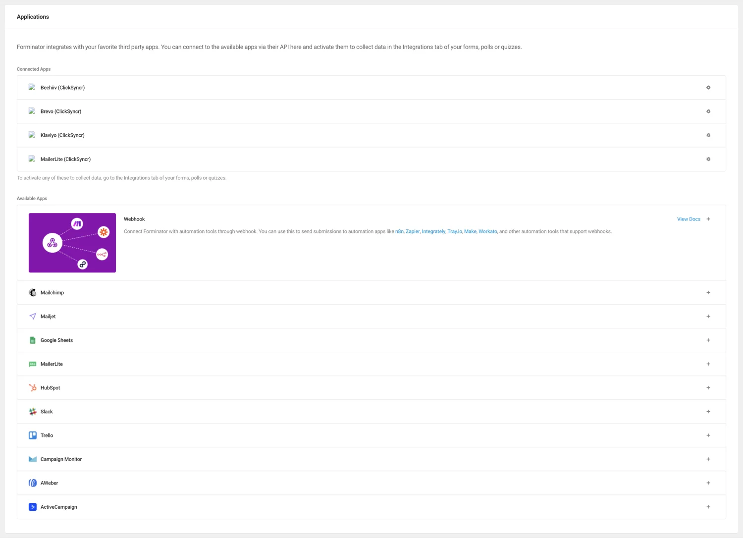 The Forminator Integrations hub with MailerLite (ClickSyncr) under Connected Apps.
