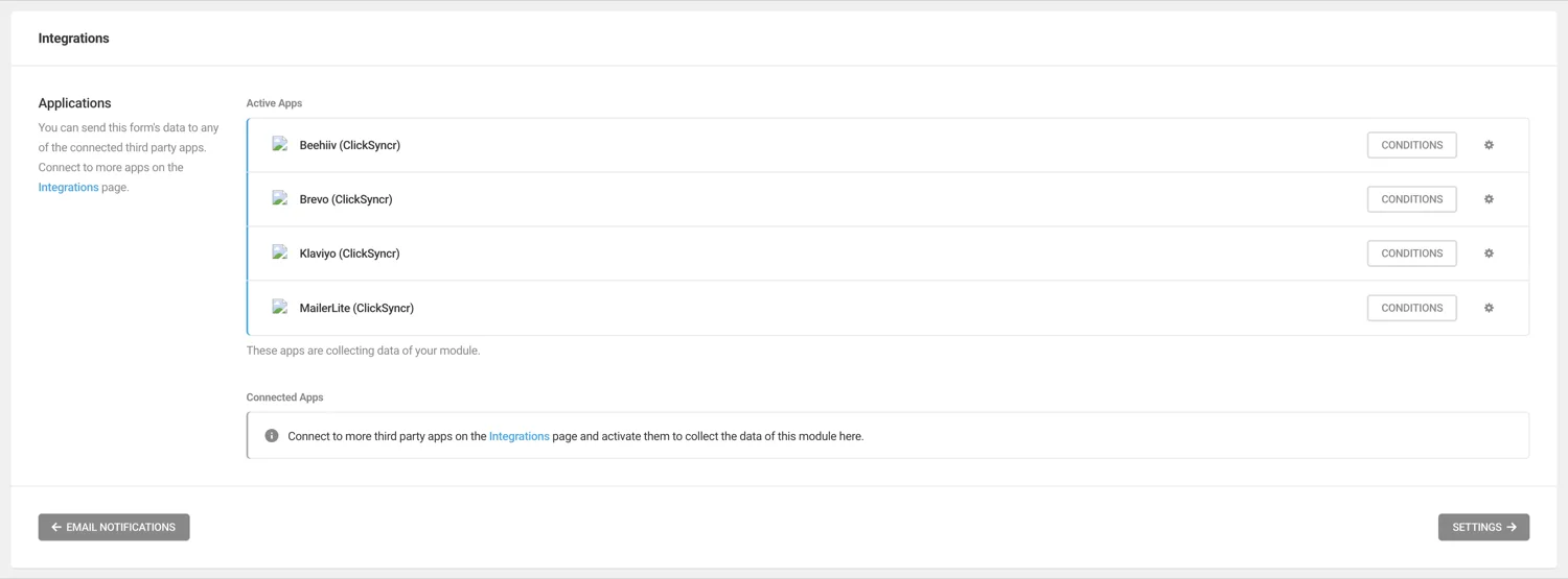 The form's Integrations tab with MailerLite (ClickSyncr) active.
