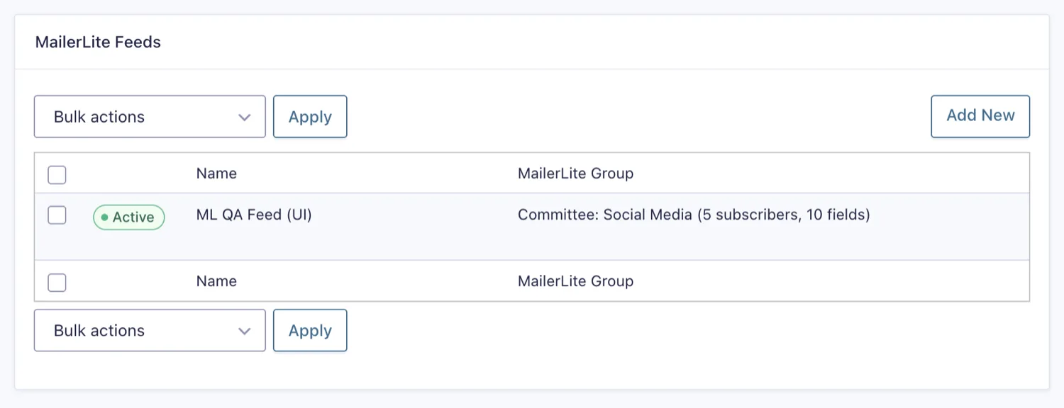 The MailerLite feed list for a form, with the Add New button.
