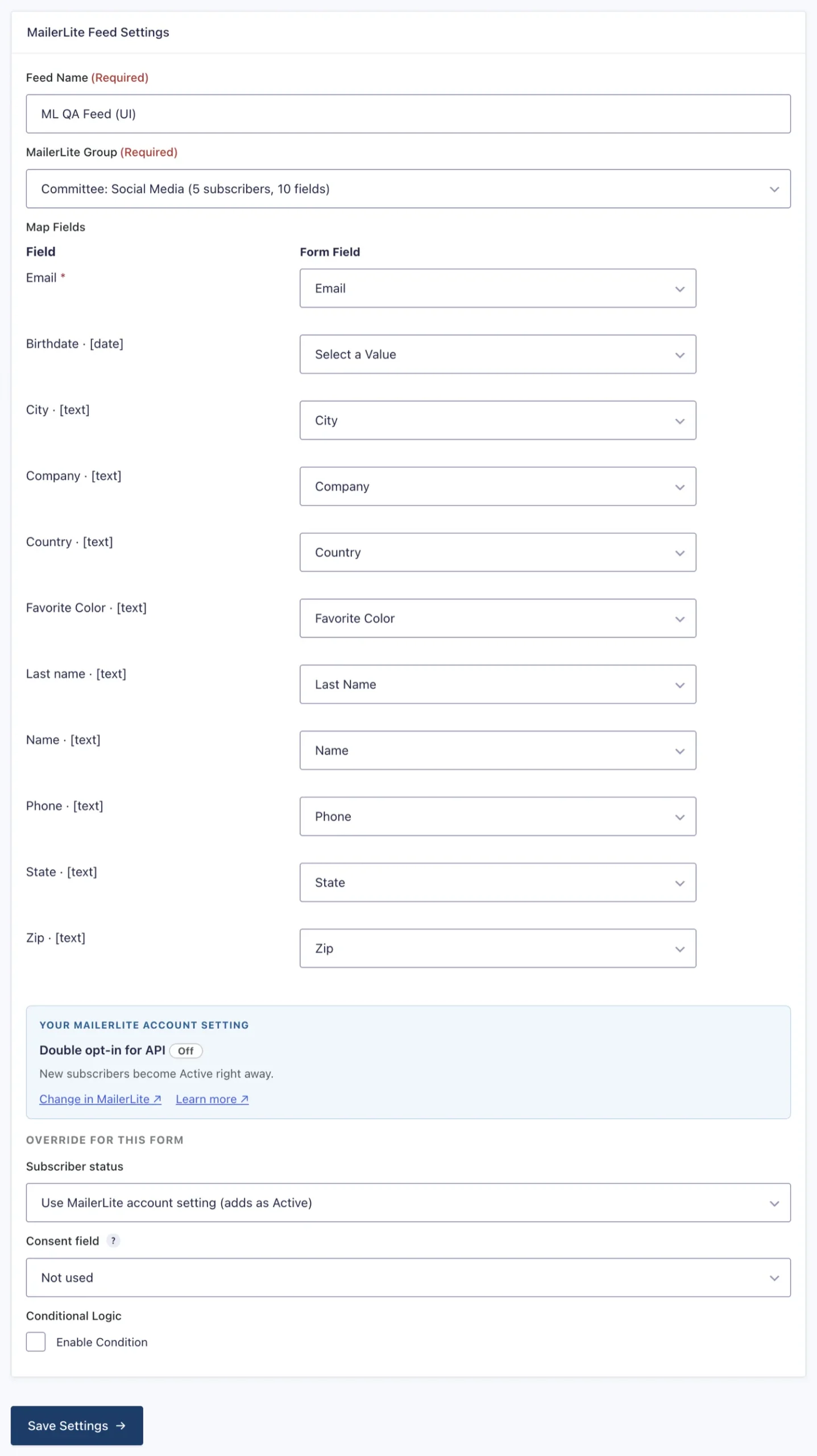 A configured feed: group, all nine field mappings, account setting and status override.