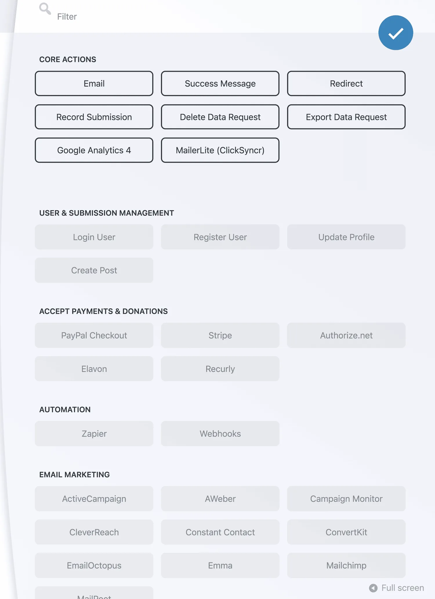 The action drawer. MailerLite (ClickSyncr) sits under Core Actions.