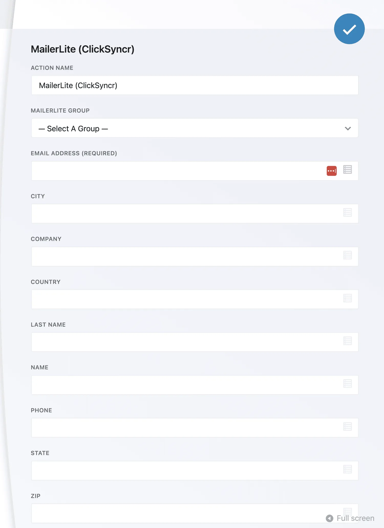 Action settings: group picker plus a merge-tag box per MailerLite field.