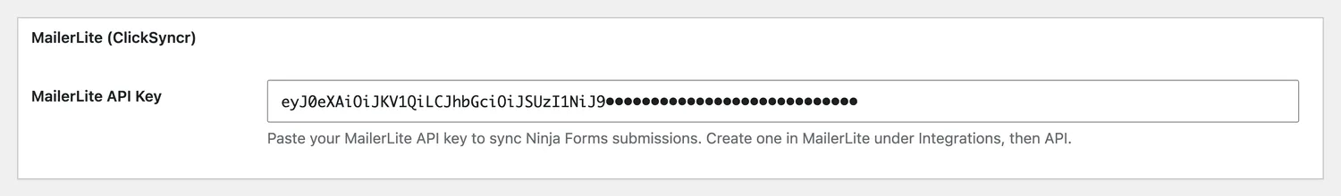 The MailerLite API key panel in Ninja Forms settings.
