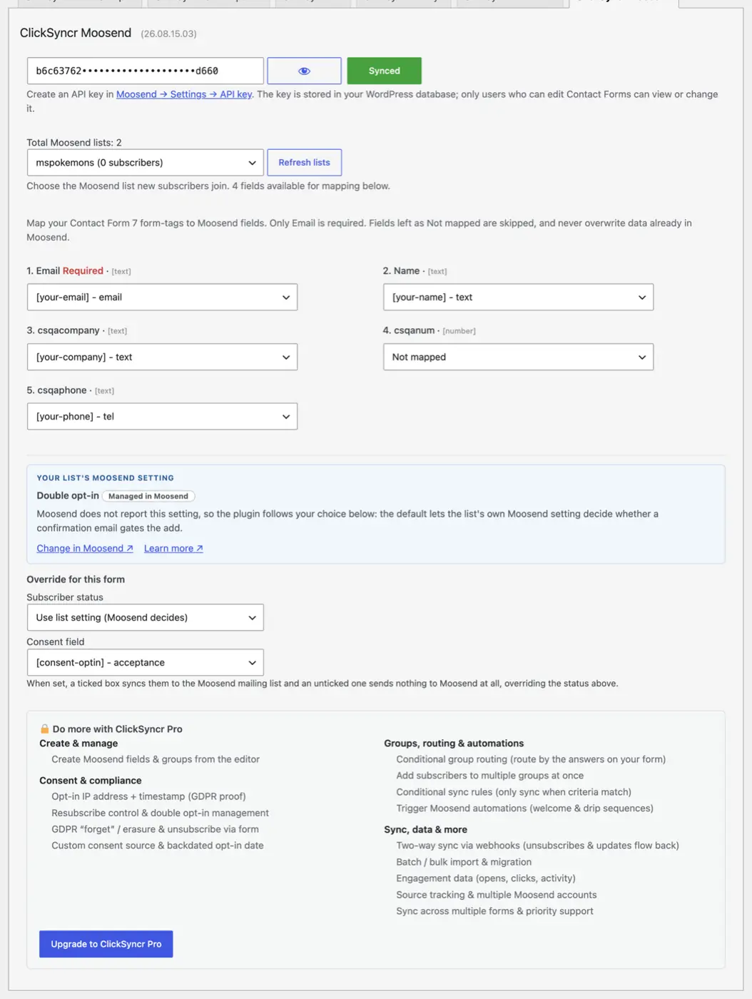 WordPress form builder integrations by ClickSyncr: key connected, list selected, fields mapped.