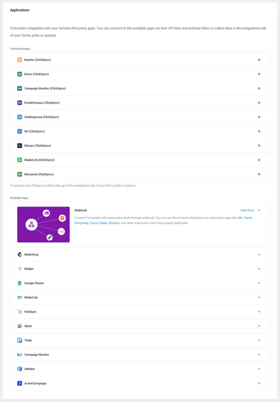 The Forminator email marketing integration by ClickSyncr: clickSyncr under Connected Apps on the Forminator Integrations hub, connected to Moosend.