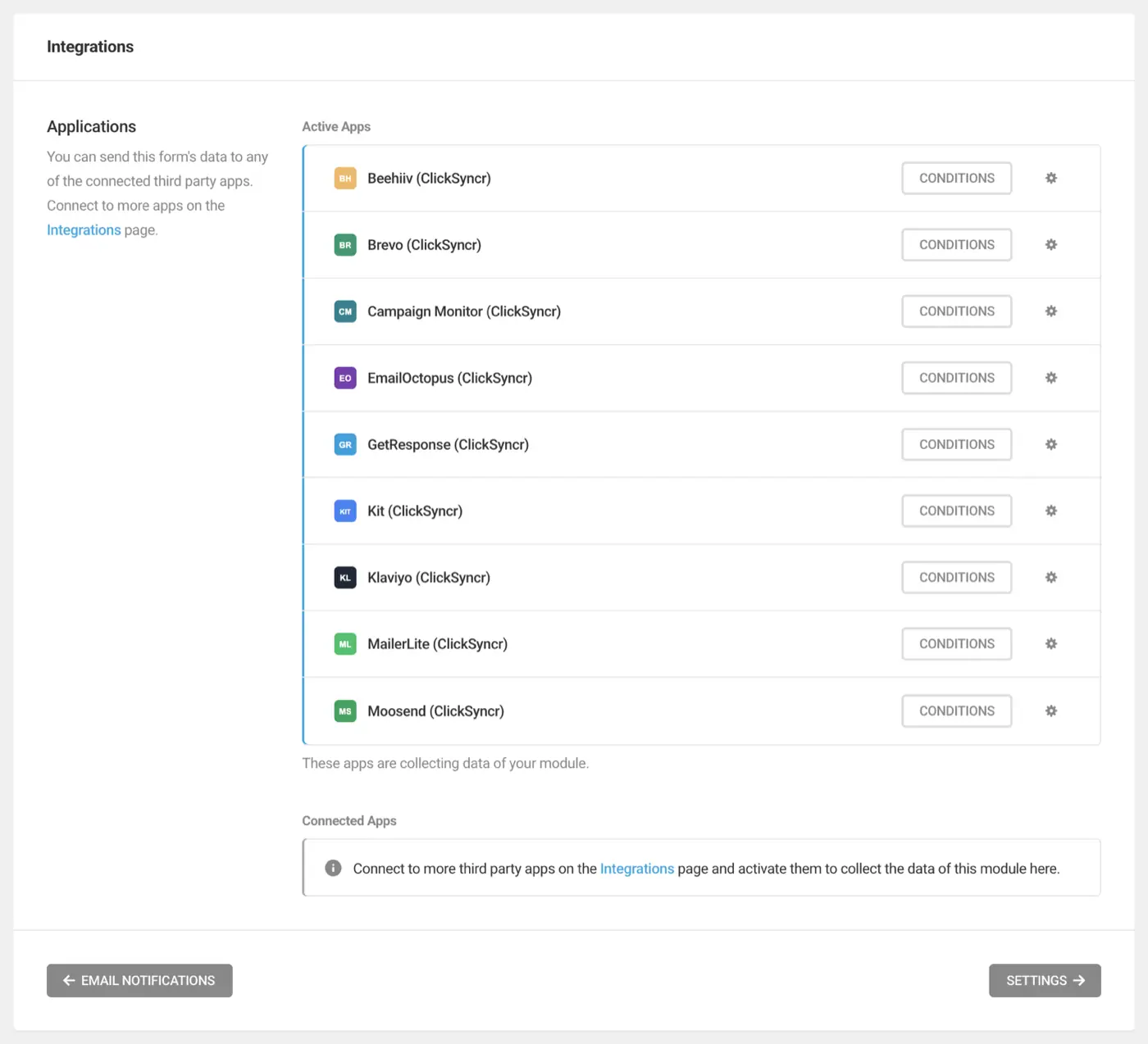 The form's Integrations tab with Moosend (ClickSyncr) active.