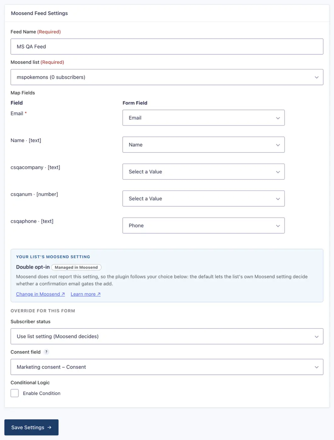 A configured feed: mailing list, field mappings, and the status override.