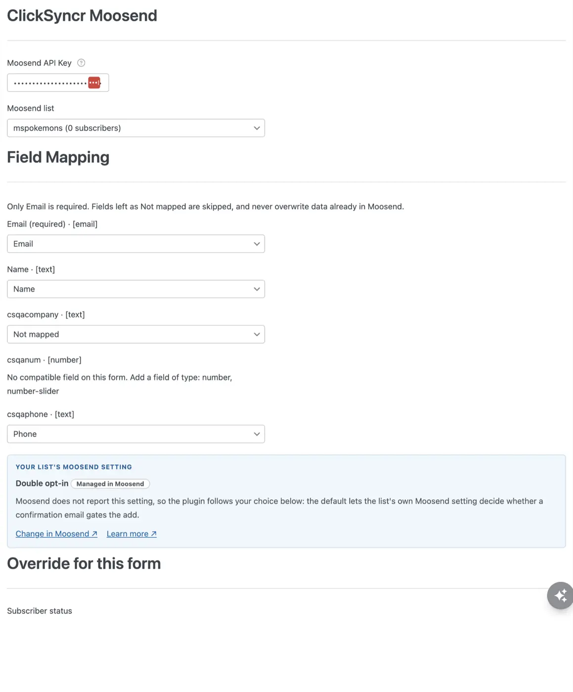 The ClickSyncr Moosend section in the WPForms builder settings.
